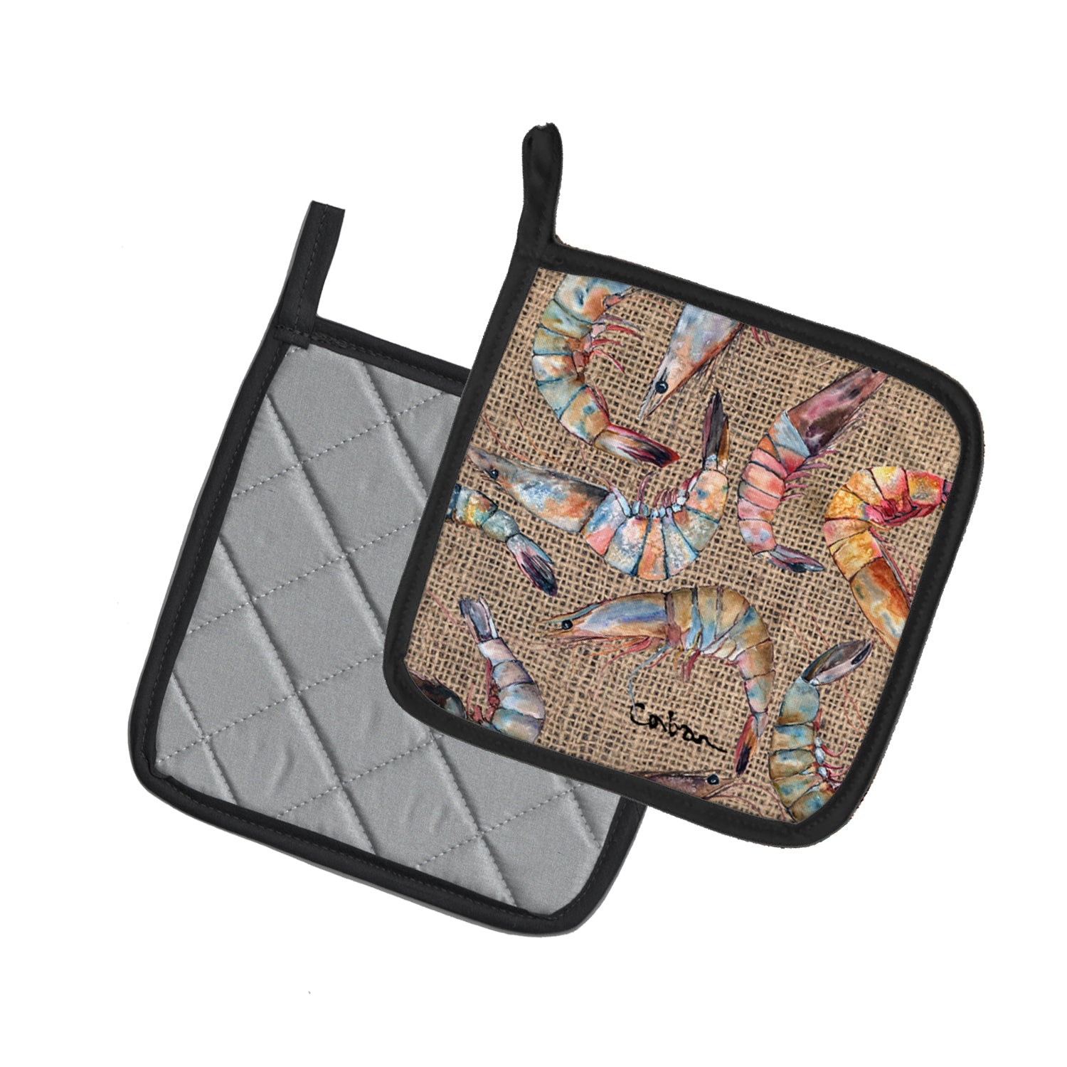 Shrimp Pot Holder Set of 2 Heat Resistant Quilted Hot Pads 7.5 x 7.5 Inch, Insulated Kitchen Trivets for Cooking & Baking