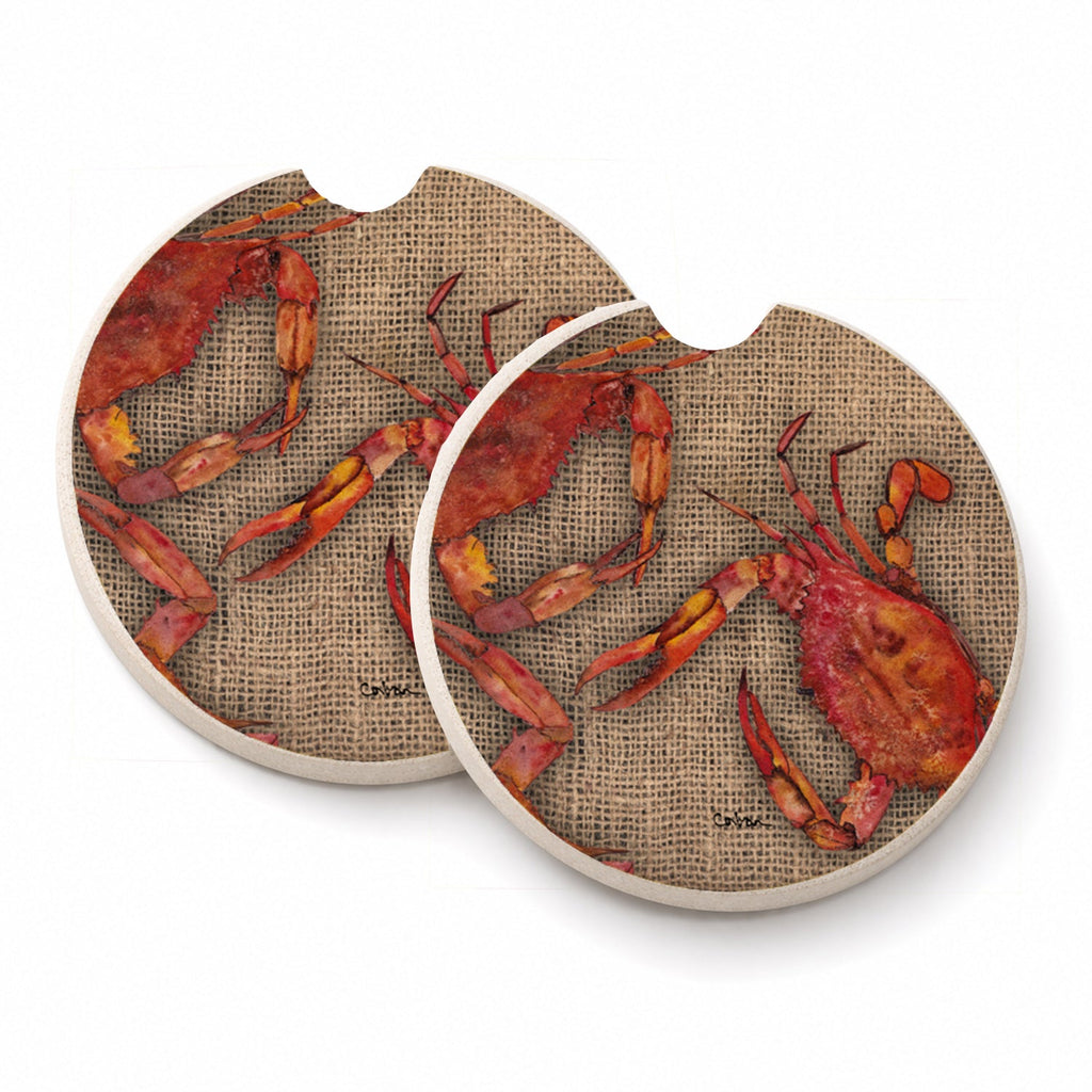 Cooked Crabs on Faux Burlap Set of 2 Cup Holder Car Coasters Absorbent Round Sandstone Coasters Gifts for Men or Women, 2.5, Multicolor