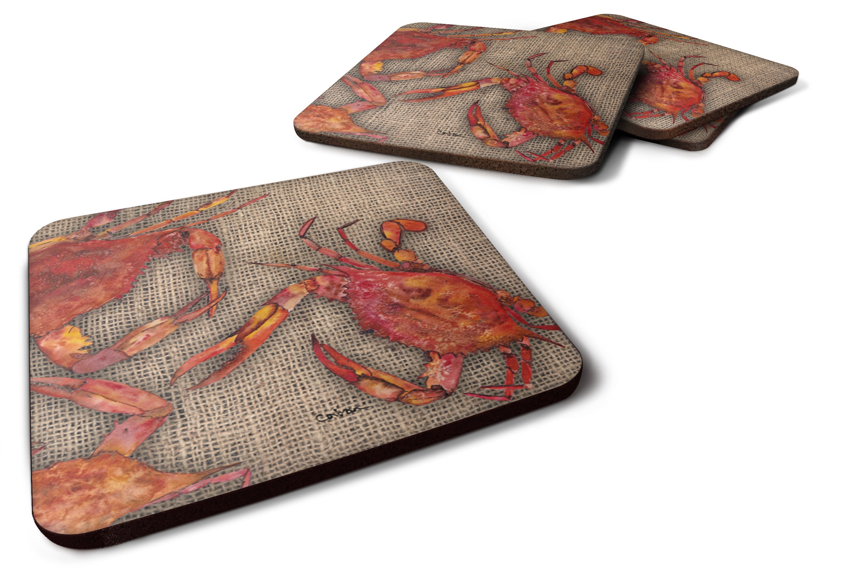 Cooked Crabs on Faux Burlap Foam Coasters Set of 4 Cup Coasters for Indoor Outdoor, Tabletop Protection, Anti Slip, Mouse pad Material