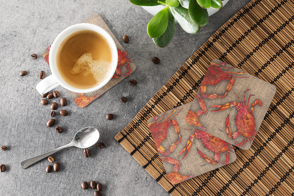 Cooked Crabs on Faux Burlap Foam Coasters Set of 4 Cup Coasters for Indoor Outdoor, Tabletop Protection, Anti Slip, Mouse pad Material