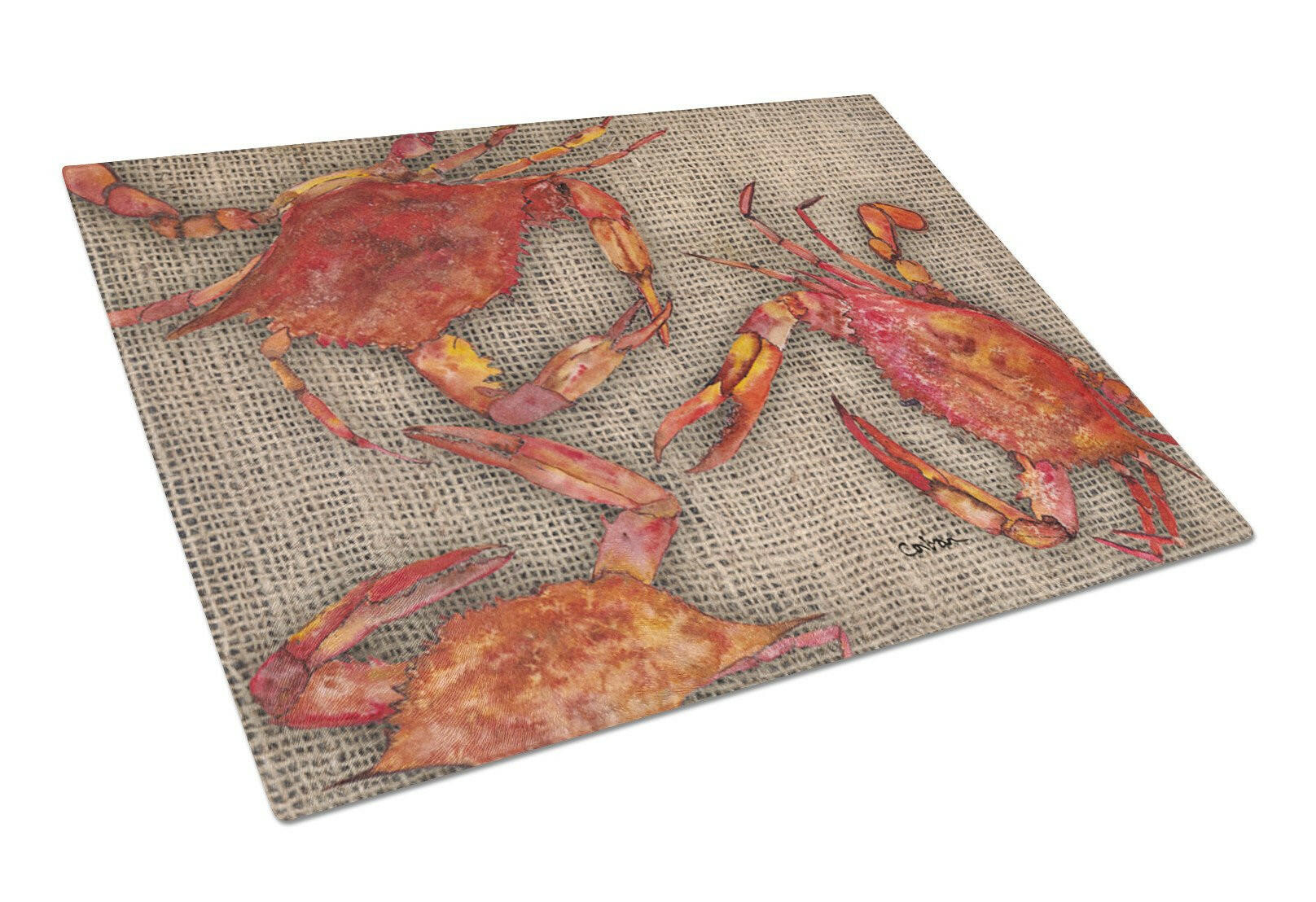 Cooked Crabs on Faux Burlap Cutting Board Tempered Glass Kitchen Cutting Surface, Heat Resistant Chopping, Non-Slip Feet, Food Prep & Serving