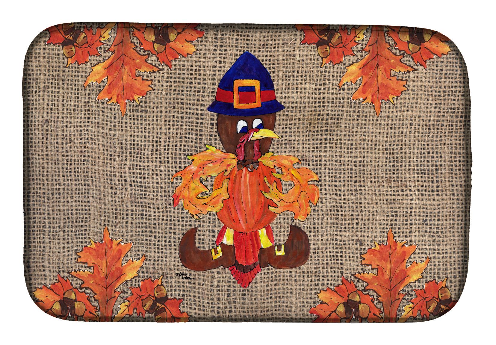 Thanksgiving Turkey Fleur de lis on Faux Burlap Dish Drying Mat Absorbent Dish Drying Mat Pad for Kitchen Counter Dish Drainer Mat for Countertop, 14 x 21", Multicolor