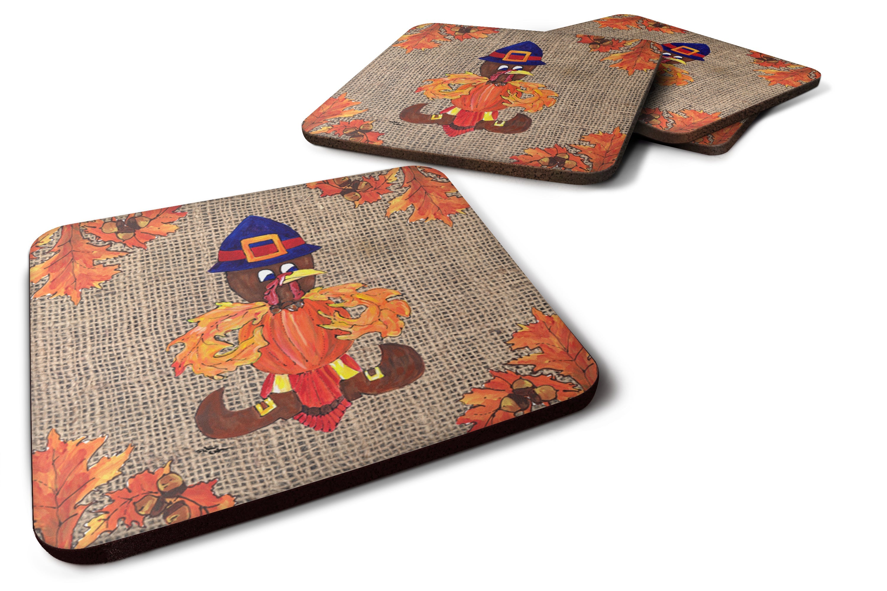 Thanksgiving Turkey Fleur de lis on Faux Burlap Foam Coasters Set of 4 Cup Coasters for Indoor Outdoor, Tabletop Protection, Anti Slip, Mouse pad Material