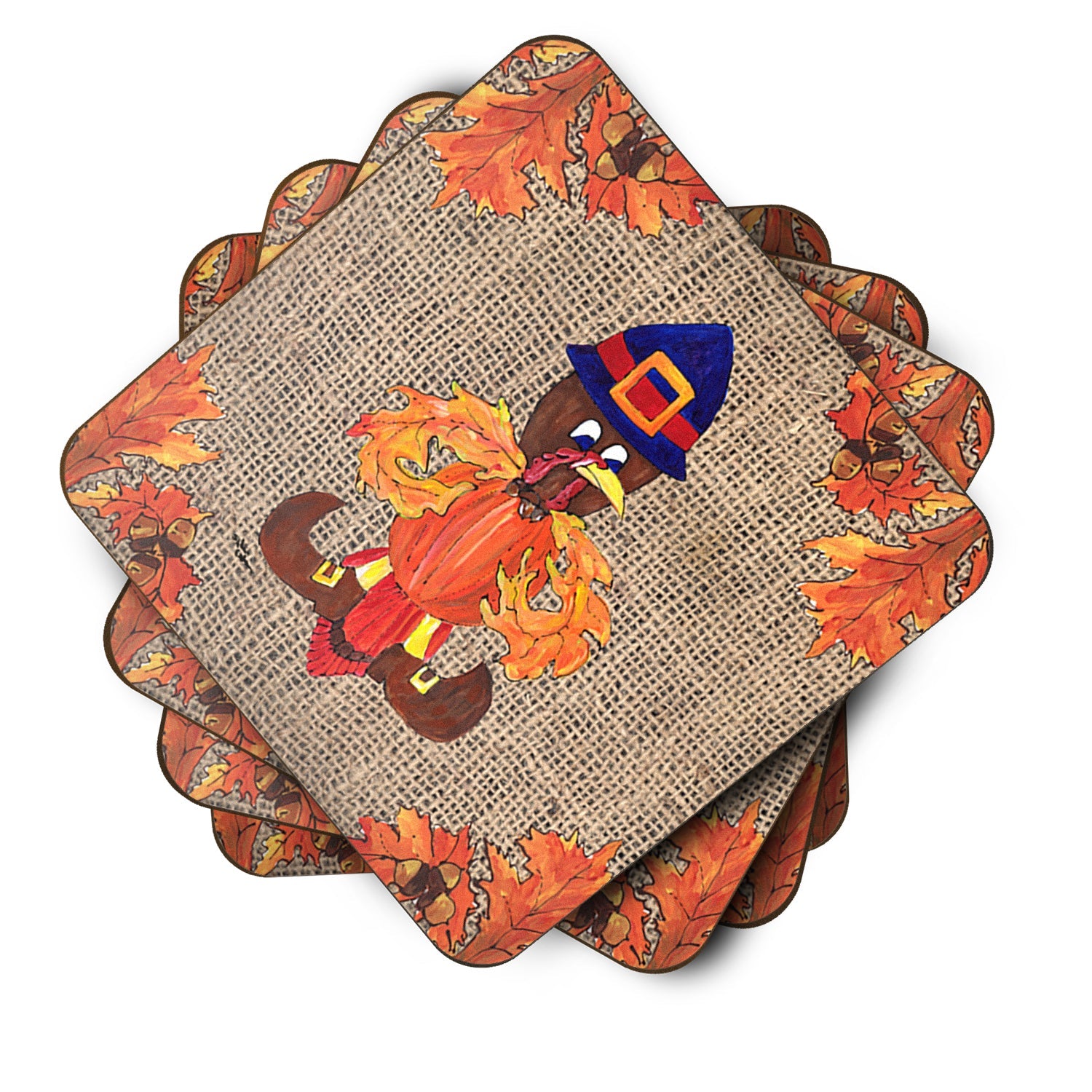 Thanksgiving Turkey Fleur de lis on Faux Burlap Foam Coasters Set of 4 Cup Coasters for Indoor Outdoor, Tabletop Protection, Anti Slip, Mouse pad Material