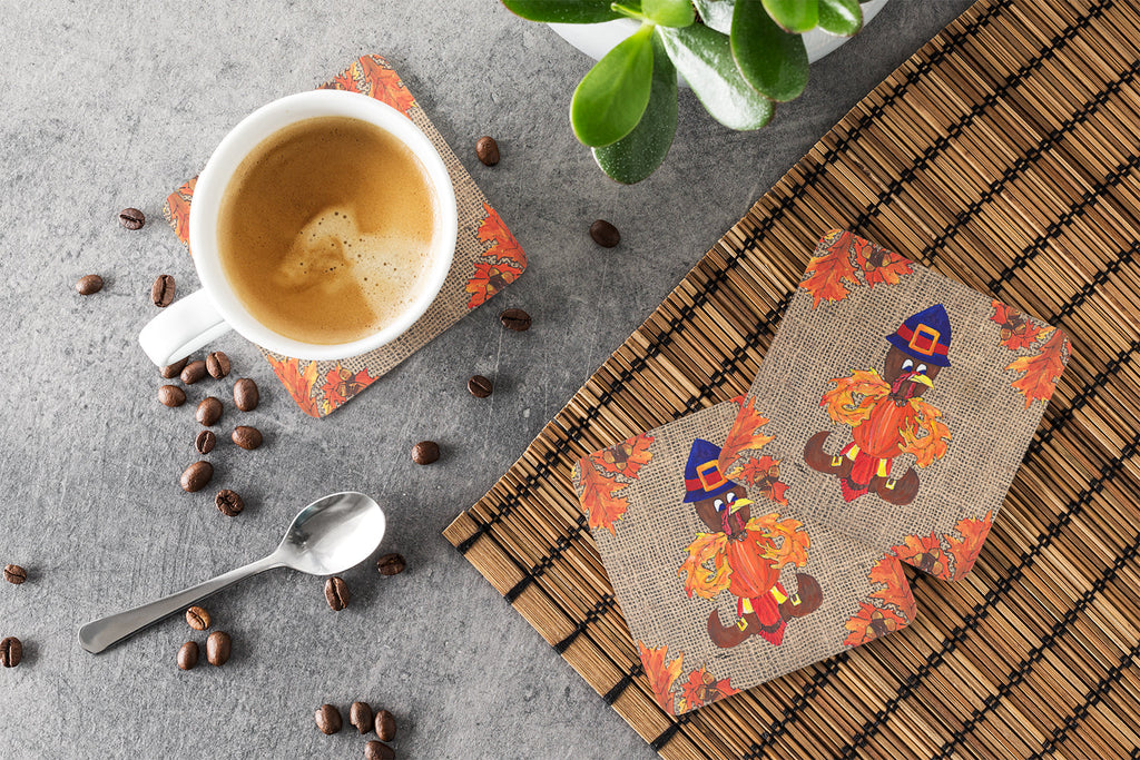 Thanksgiving Turkey Fleur de lis on Faux Burlap Foam Coasters Set of 4 Cup Coasters for Indoor Outdoor, Tabletop Protection, Anti Slip, Mouse pad Material