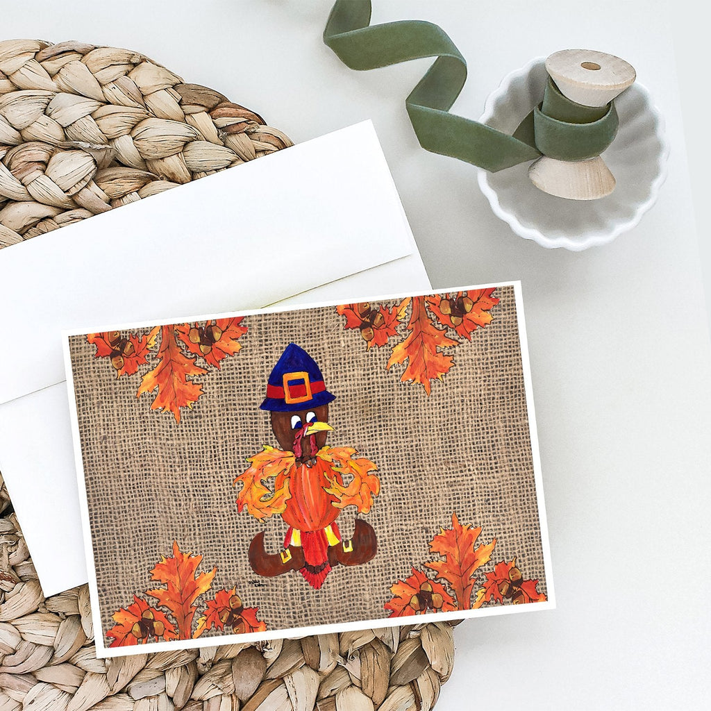 Thanksgiving Turkey Fleur de lis on Faux Burlap Greeting Cards Pack of 8 Blank Cards with Envelopes Whimsical A7 Size 5x7
