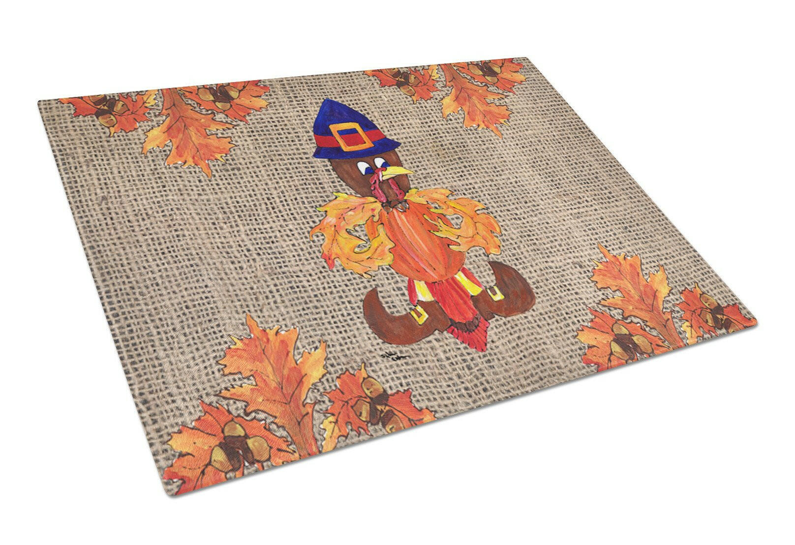 Thanksgiving Turkey Fleur de lis on Faux Burlap Cutting Board Tempered Glass Kitchen Cutting Surface, Heat Resistant Chopping, Non-Slip Feet, Food Prep & Serving
