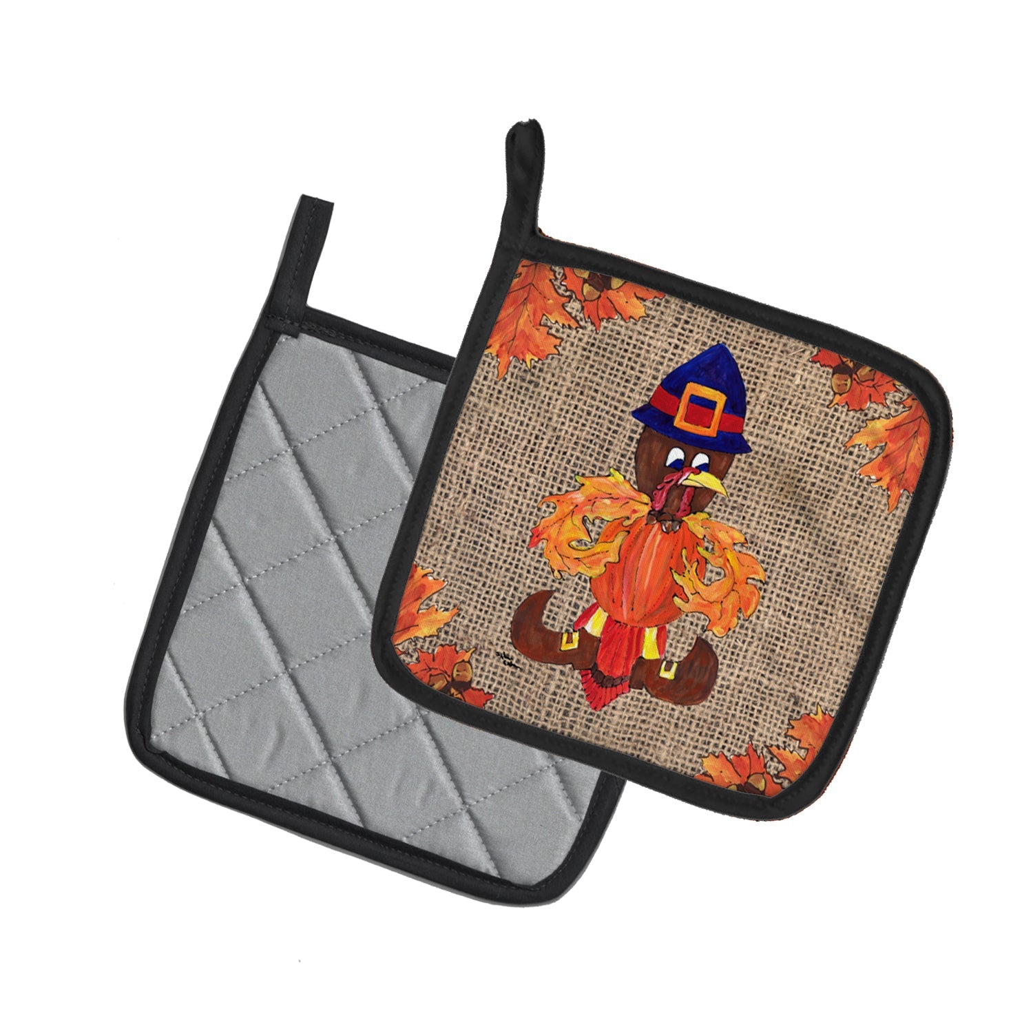 Thanksgiving Turkey Fleur de lis on Faux Burlap Pot Holder Set of 2 Heat Resistant Quilted Hot Pads 7.5 x 7.5 Inch, Insulated Kitchen Trivets for Cooking & Baking