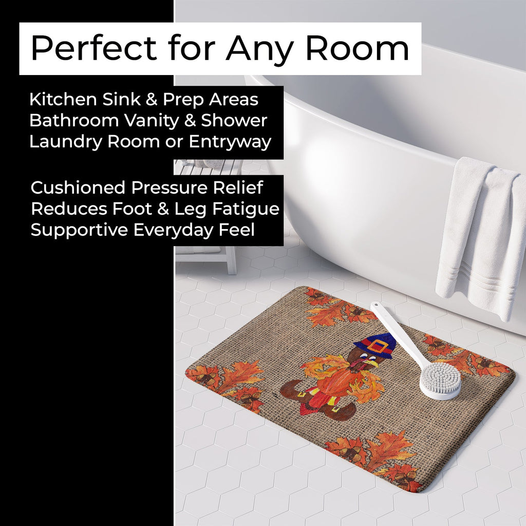 Thanksgiving Turkey Fleur de lis on Faux Burlap Memory Foam Kitchen Mat Machine Washable Anti-Fatigue Cushion Comfort Bath or Kitchen Rug