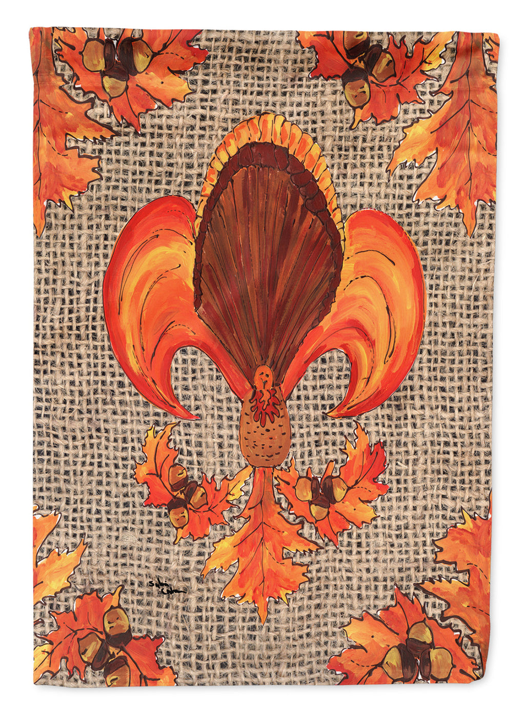Thanksgiving Turkey Fleur de lis  on Faux Burlap House Flag 28x40 Porch Sleeve Pole Decorative Outside Yard Banner Artwork Wall Hanging, Polyester