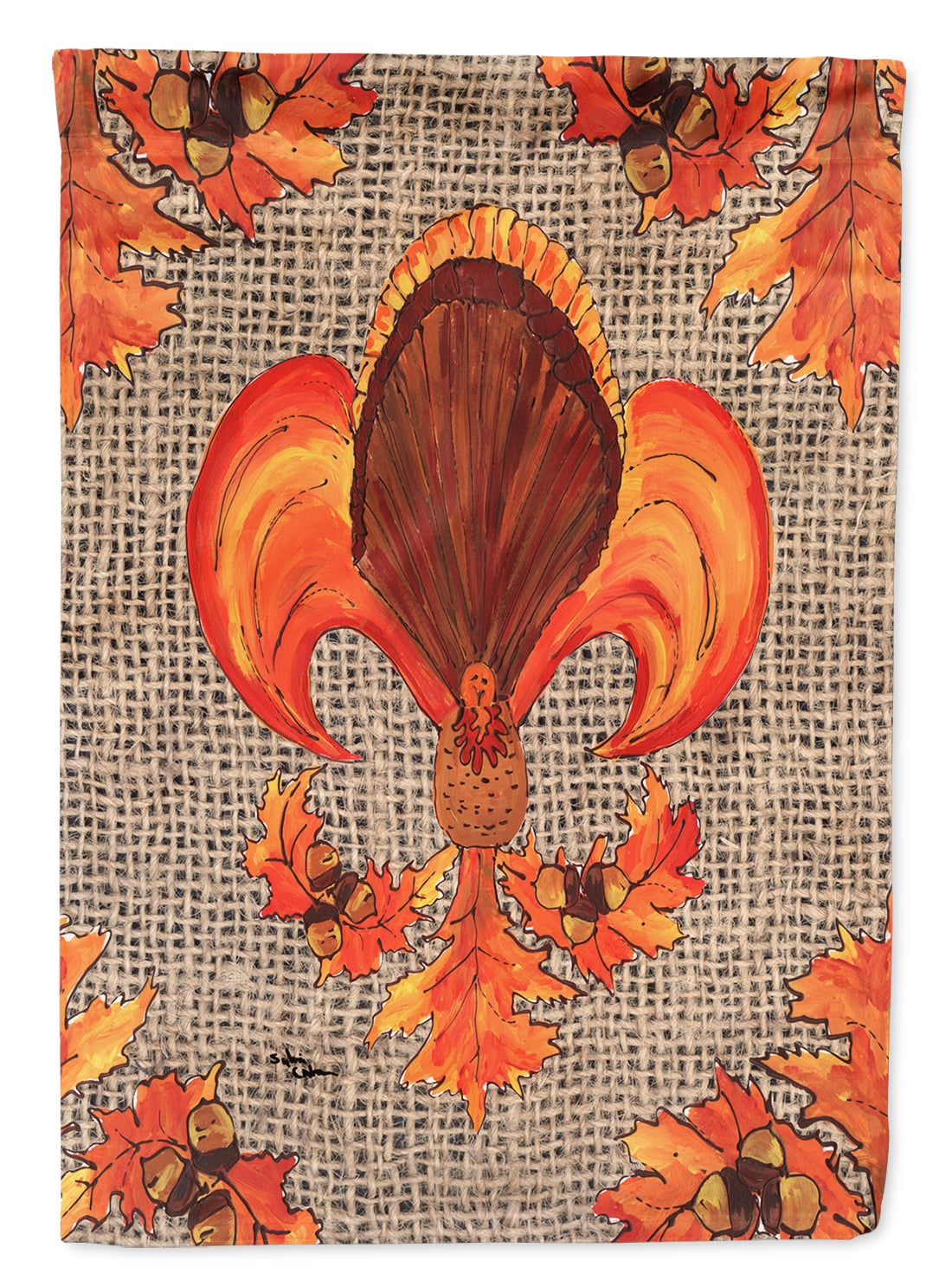Thanksgiving Turkey Fleur de lis  on Faux Burlap House Flag 28x40 Porch Sleeve Pole Decorative Outside Yard Banner Artwork Wall Hanging, Polyester