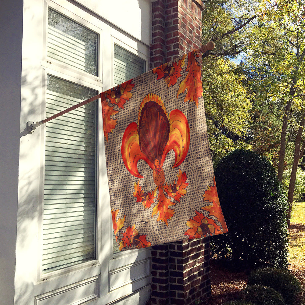 Thanksgiving Turkey Fleur de lis  on Faux Burlap House Flag 28x40 Porch Sleeve Pole Decorative Outside Yard Banner Artwork Wall Hanging, Polyester