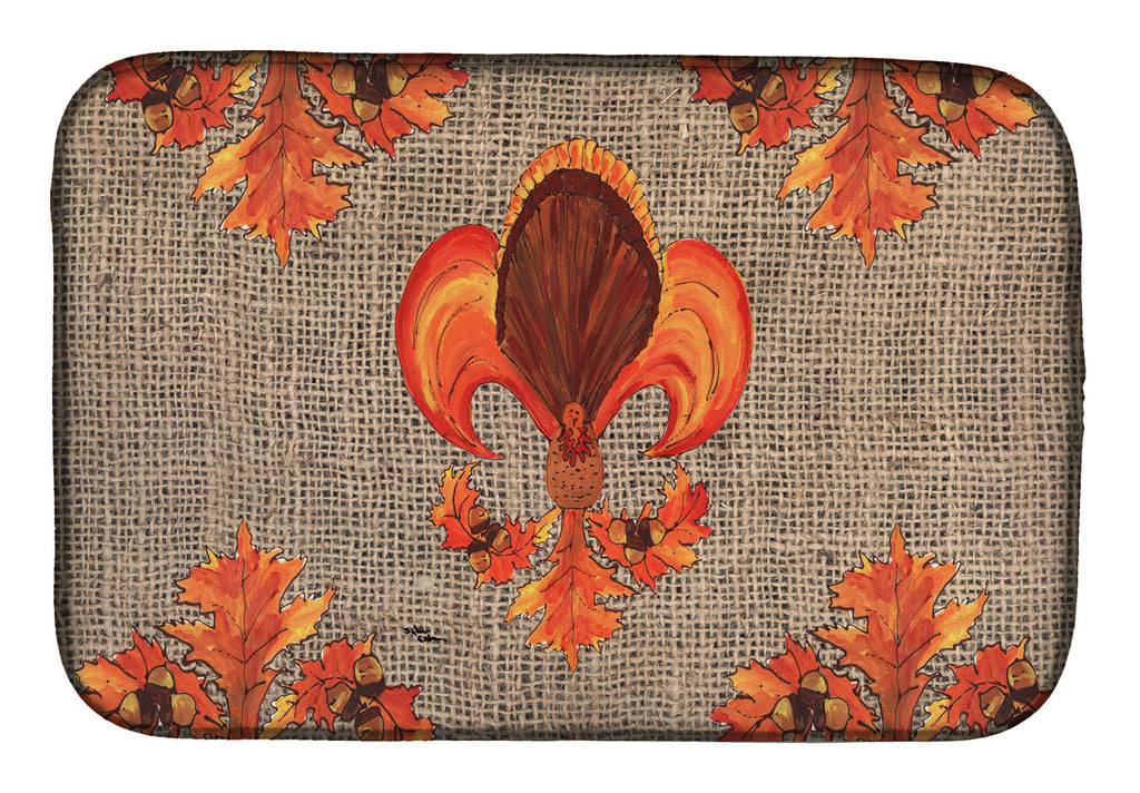 Thanksgiving Turkey Fleur de lis  on Faux Burlap Dish Drying Mat Absorbent Dish Drying Mat Pad for Kitchen Counter Dish Drainer Mat for Countertop, 14 x 21", Multicolor