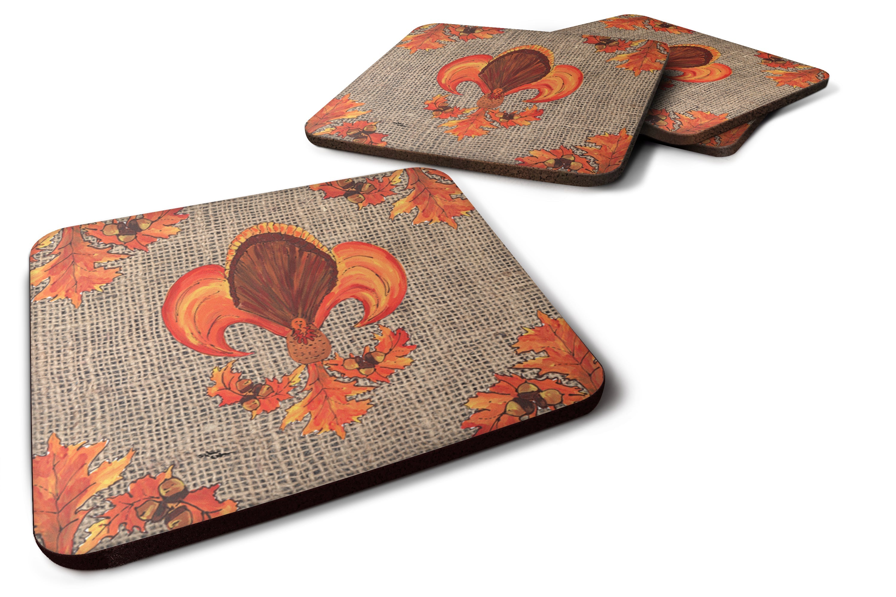 Thanksgiving Turkey Fleur de lis  on Faux Burlap Foam Coasters Set of 4 Cup Coasters for Indoor Outdoor, Tabletop Protection, Anti Slip, Mouse pad Material