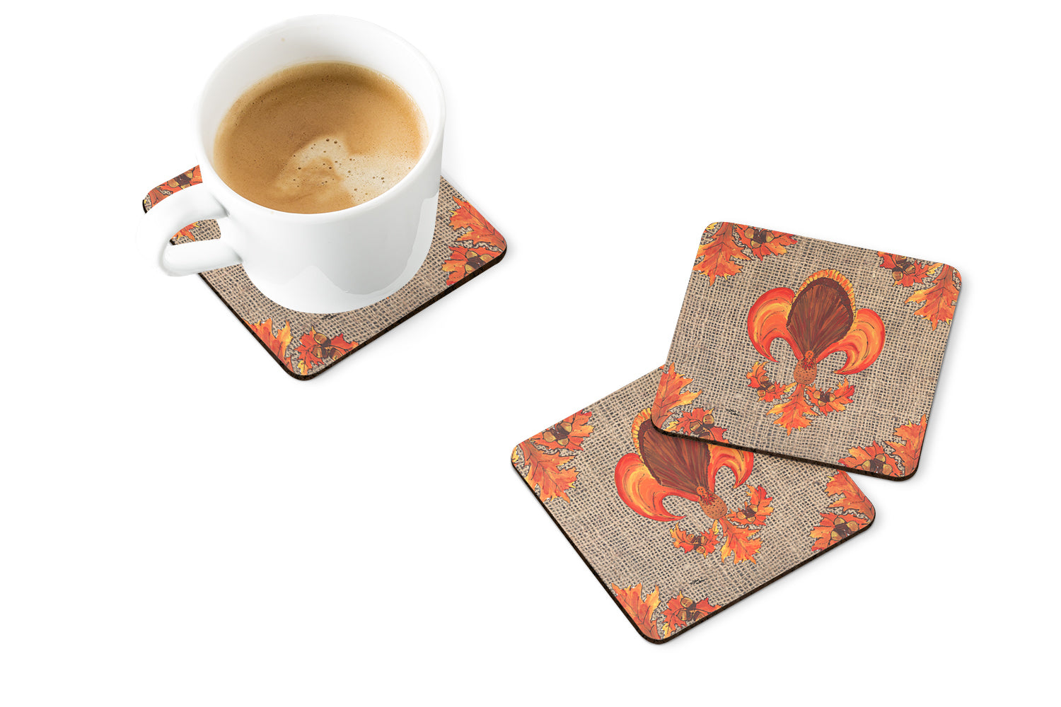 Thanksgiving Turkey Fleur de lis  on Faux Burlap Foam Coasters Set of 4 Cup Coasters for Indoor Outdoor, Tabletop Protection, Anti Slip, Mouse pad Material