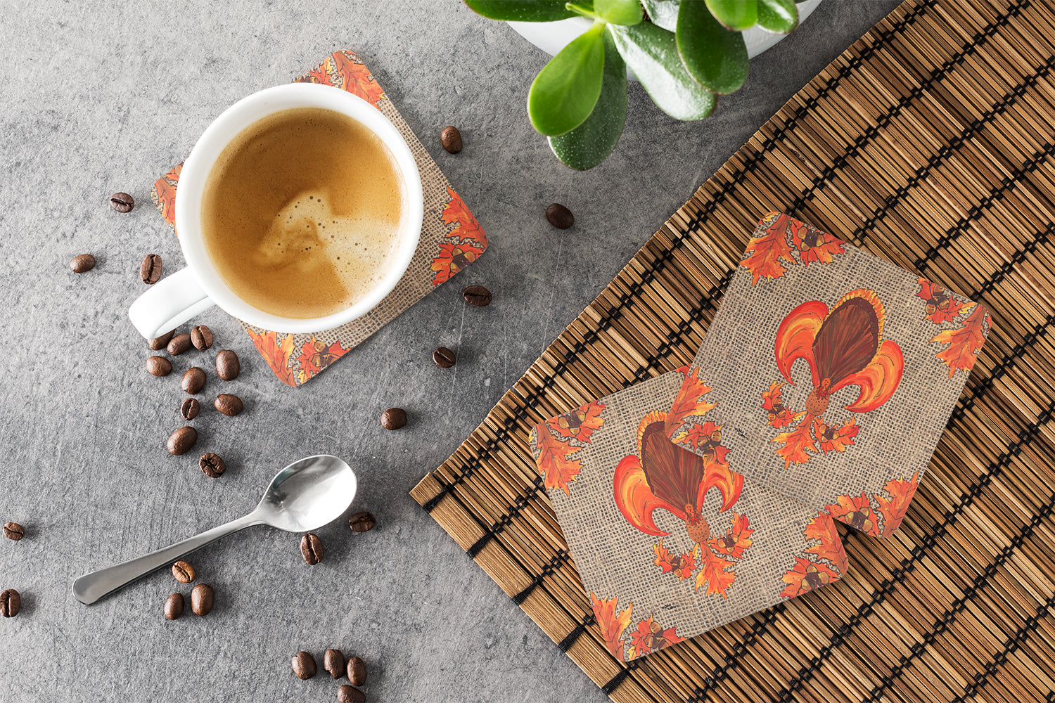Thanksgiving Turkey Fleur de lis  on Faux Burlap Foam Coasters Set of 4 Cup Coasters for Indoor Outdoor, Tabletop Protection, Anti Slip, Mouse pad Material