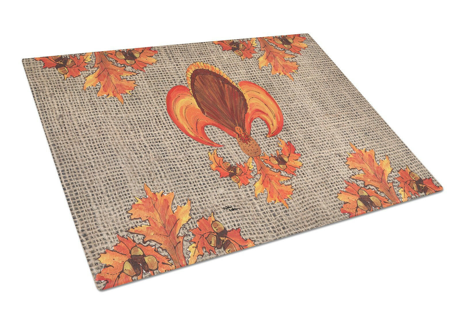 Thanksgiving Turkey Fleur de lis  on Faux Burlap Cutting Board Tempered Glass Kitchen Cutting Surface, Heat Resistant Chopping, Non-Slip Feet, Food Prep & Serving