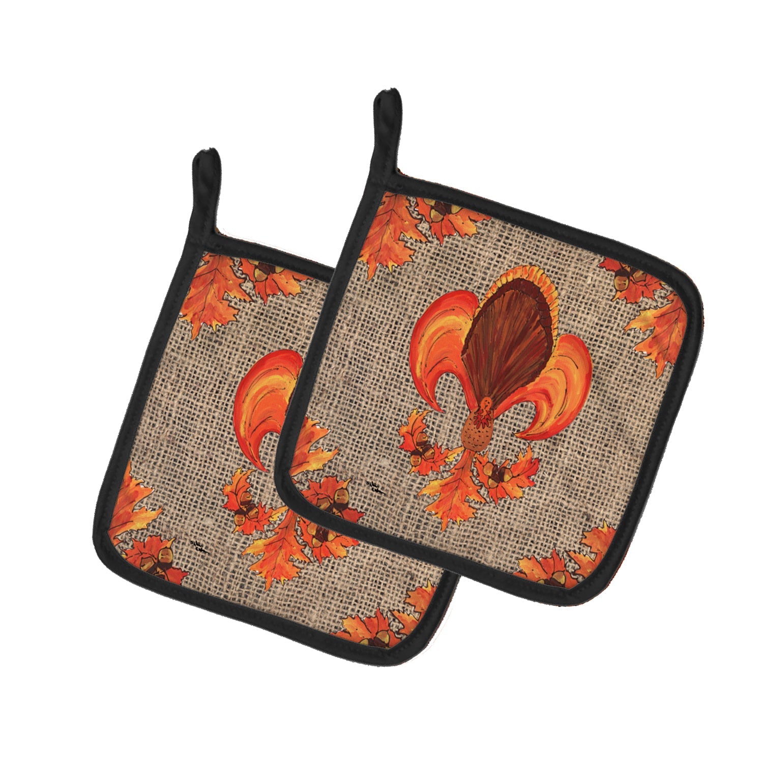Thanksgiving Turkey Fleur de lis  on Faux Burlap Pot Holder Set of 2 Heat Resistant Quilted Hot Pads 7.5 x 7.5 Inch, Insulated Kitchen Trivets for Cooking & Baking