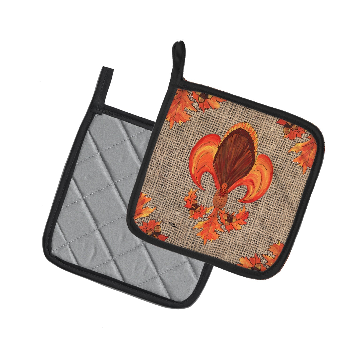 Thanksgiving Turkey Fleur de lis  on Faux Burlap Pot Holder Set of 2 Heat Resistant Quilted Hot Pads 7.5 x 7.5 Inch, Insulated Kitchen Trivets for Cooking & Baking