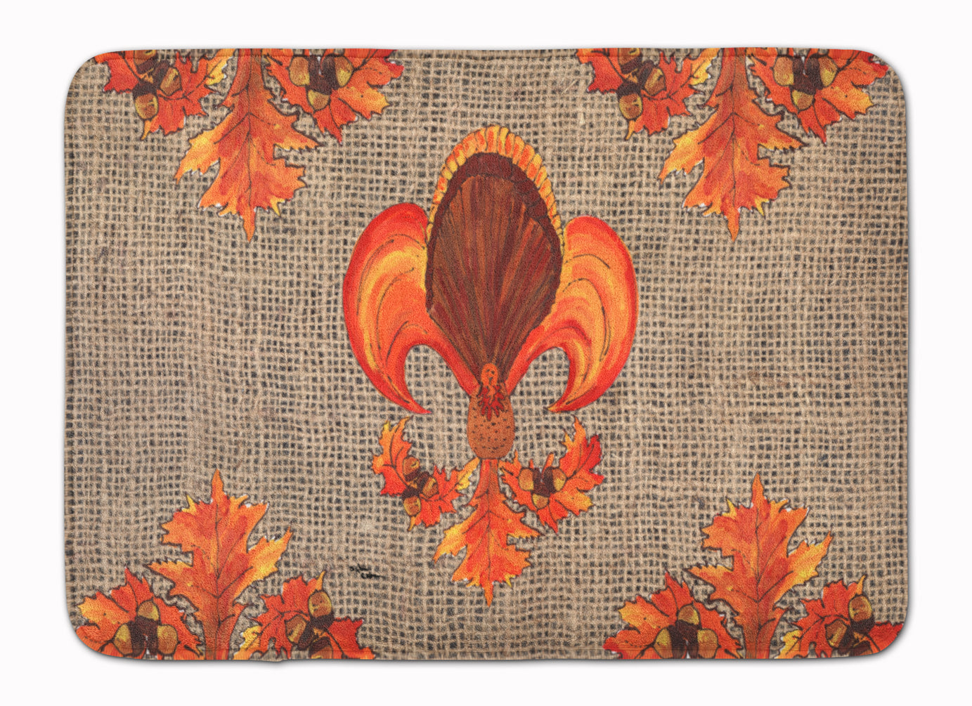 Thanksgiving Turkey Fleur de lis  on Faux Burlap Memory Foam Kitchen Mat Machine Washable Anti-Fatigue Cushion Comfort Bath or Kitchen Rug