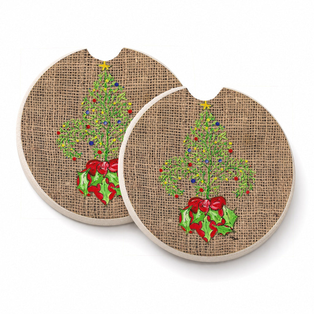 Christmas Tree Fleur de lis on Faux Burlap Set of 2 Cup Holder Car Coasters Absorbent Round Sandstone Coasters Gifts for Men or Women, 2.5, Multicolor