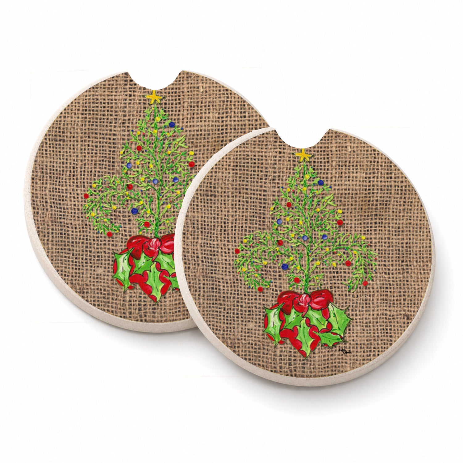 Christmas Tree Fleur de lis on Faux Burlap Set of 2 Cup Holder Car Coasters Absorbent Round Sandstone Coasters Gifts for Men or Women, 2.5, Multicolor