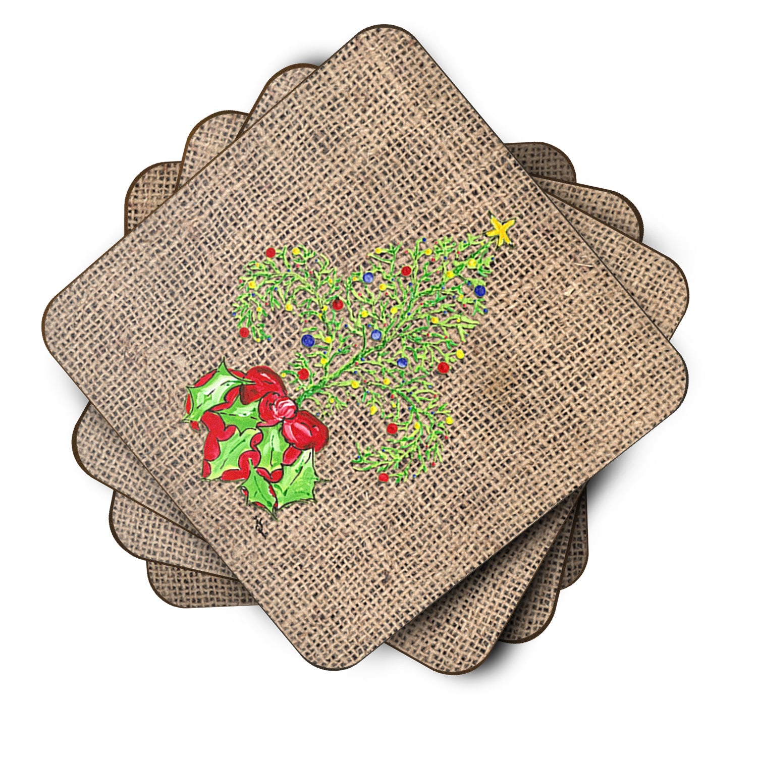Christmas Tree Fleur de lis on Faux Burlap Foam Coasters Set of 4 Cup Coasters for Indoor Outdoor, Tabletop Protection, Anti Slip, Mouse pad Material