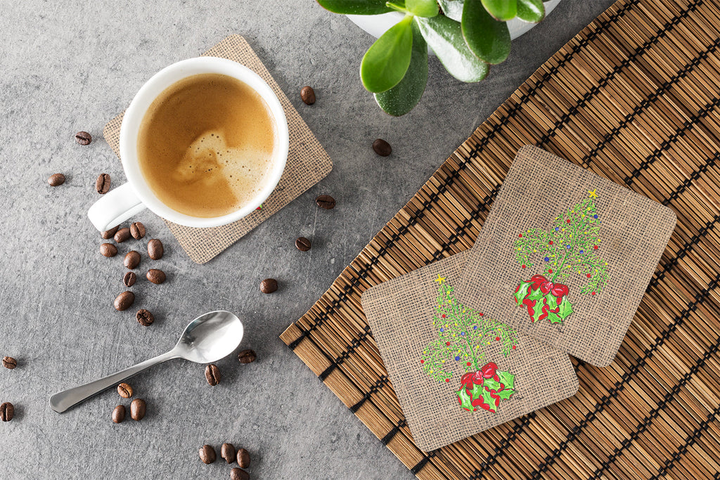 Christmas Tree Fleur de lis on Faux Burlap Foam Coasters Set of 4 Cup Coasters for Indoor Outdoor, Tabletop Protection, Anti Slip, Mouse pad Material