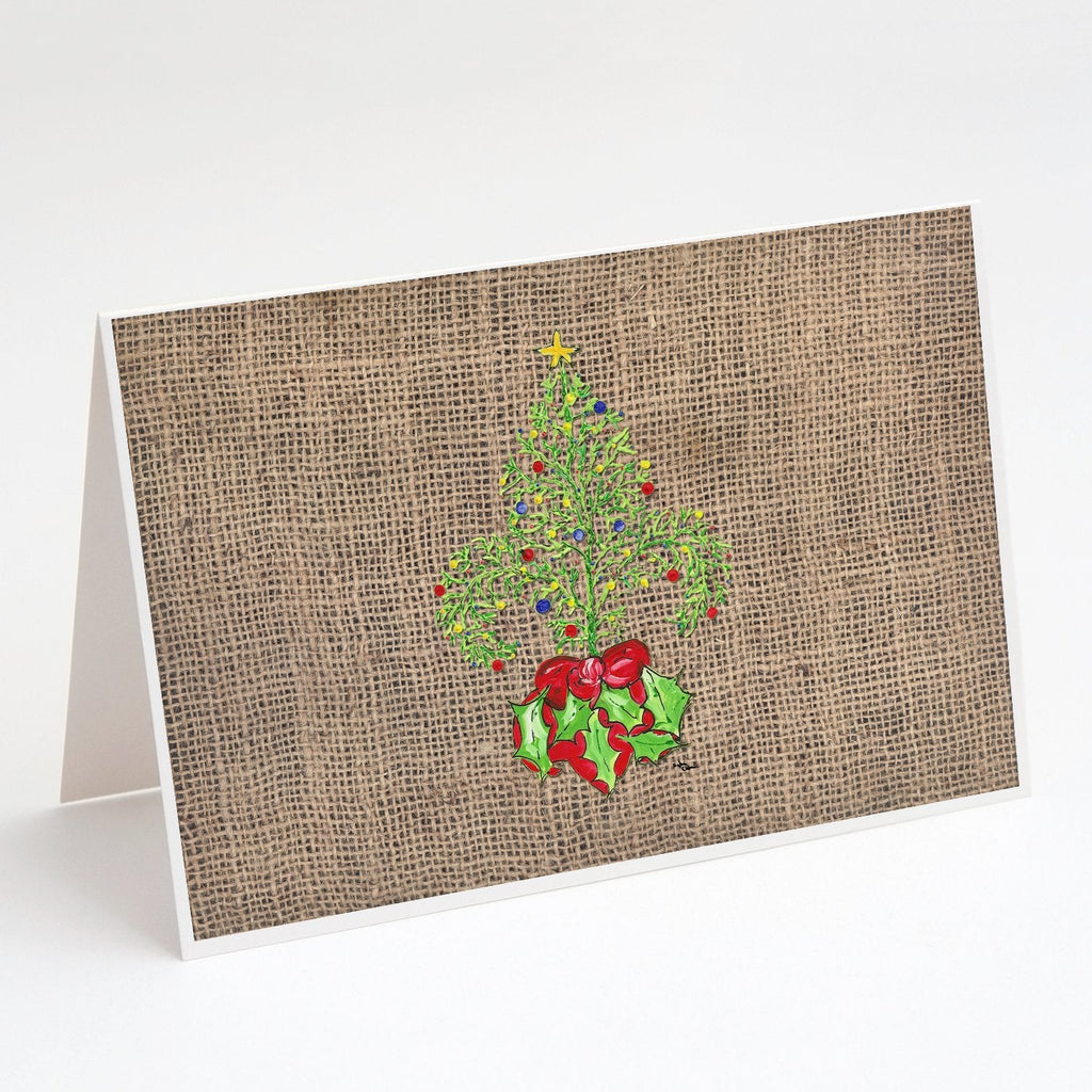 Christmas Tree Fleur de lis on Faux Burlap Greeting Cards Pack of 8 Blank Cards with Envelopes Whimsical A7 Size 5x7