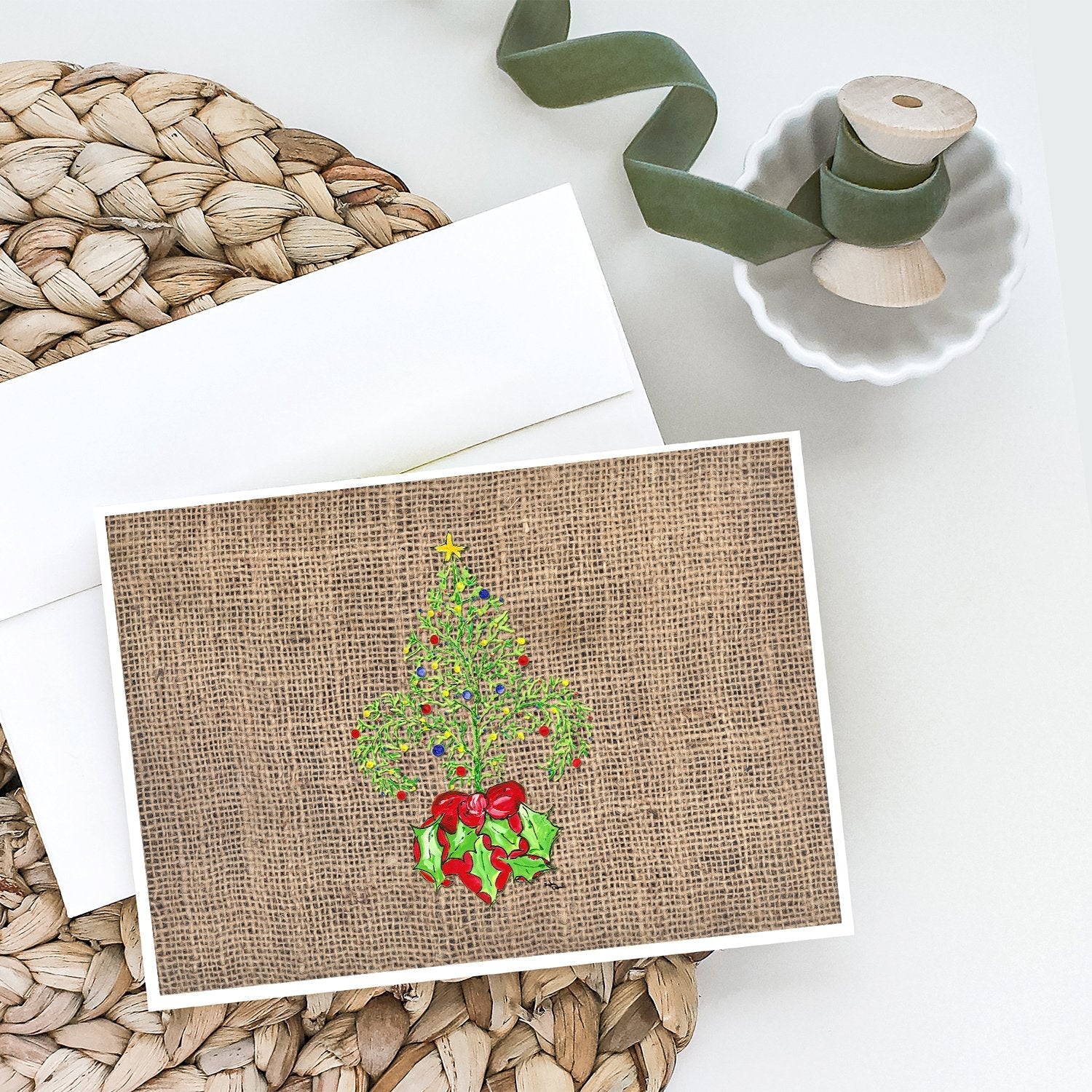 Christmas Tree Fleur de lis on Faux Burlap Greeting Cards Pack of 8 Blank Cards with Envelopes Whimsical A7 Size 5x7