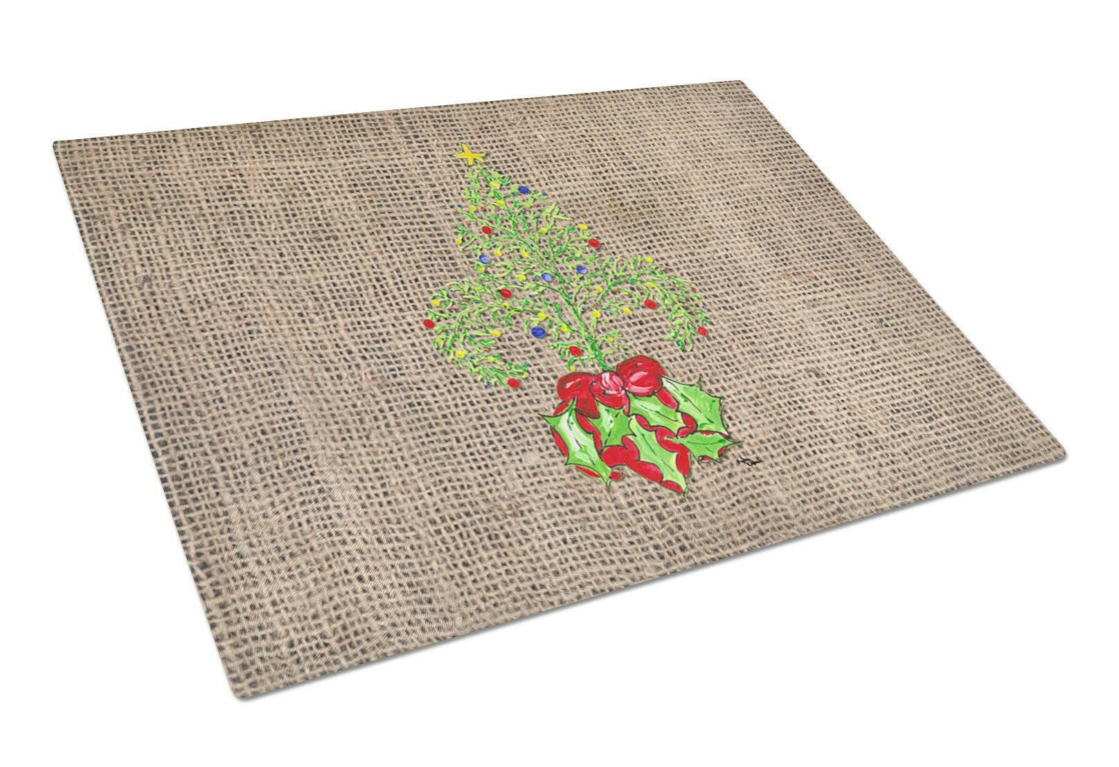Christmas Tree Fleur de lis on Faux Burlap Cutting Board Tempered Glass Kitchen Cutting Surface, Heat Resistant Chopping, Non-Slip Feet, Food Prep & Serving