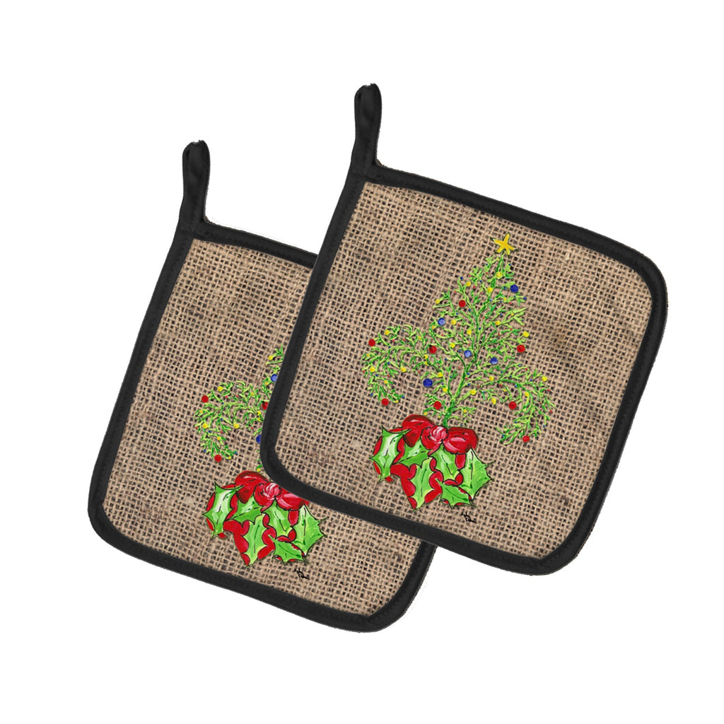 Christmas Tree Fleur de lis on Faux Burlap Pot Holder Set of 2 Heat Resistant Quilted Hot Pads 7.5 x 7.5 Inch, Insulated Kitchen Trivets for Cooking & Baking