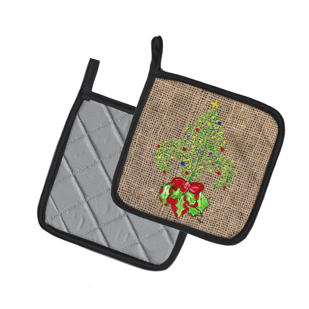 Christmas Tree Fleur de lis on Faux Burlap Pot Holder Set of 2 Heat Resistant Quilted Hot Pads 7.5 x 7.5 Inch, Insulated Kitchen Trivets for Cooking & Baking