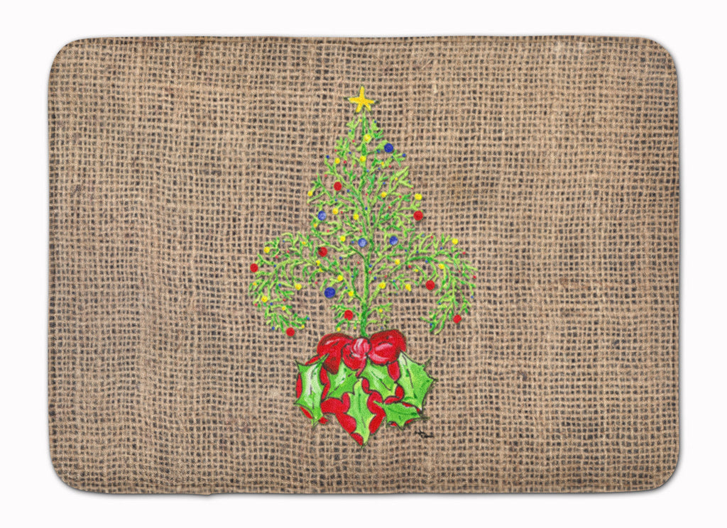 Christmas Tree Fleur de lis on Faux Burlap Memory Foam Kitchen Mat Machine Washable Anti-Fatigue Cushion Comfort Bath or Kitchen Rug