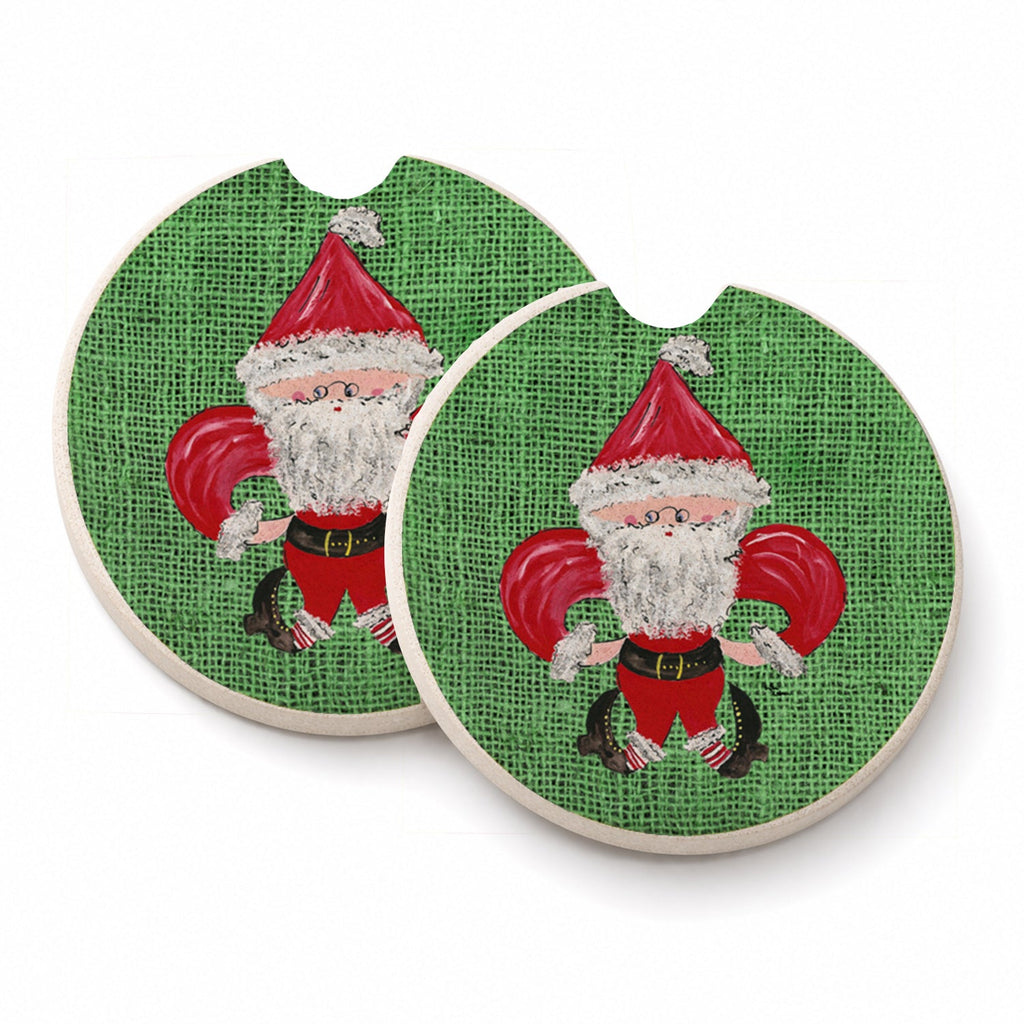 Christmas Santa Fleur de lis on Faux Burlap Set of 2 Cup Holder Car Coasters Absorbent Round Sandstone Coasters Gifts for Men or Women, 2.5, Multicolor