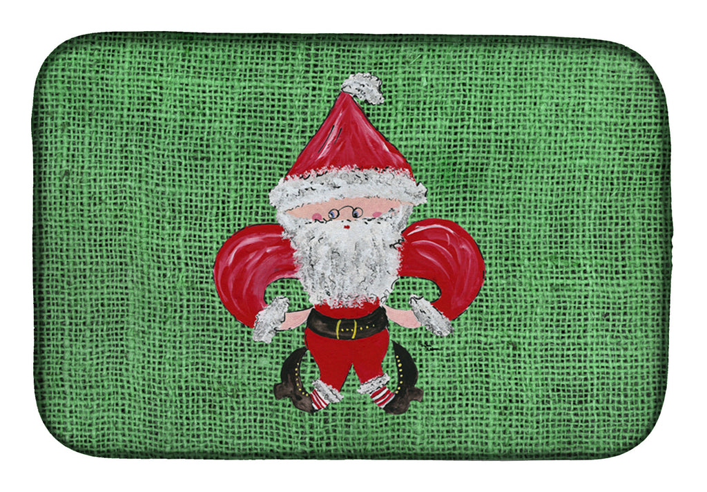 Christmas Santa Fleur de lis on Faux Burlap Dish Drying Mat Absorbent Dish Drying Mat Pad for Kitchen Counter Dish Drainer Mat for Countertop, 14 x 21", Multicolor