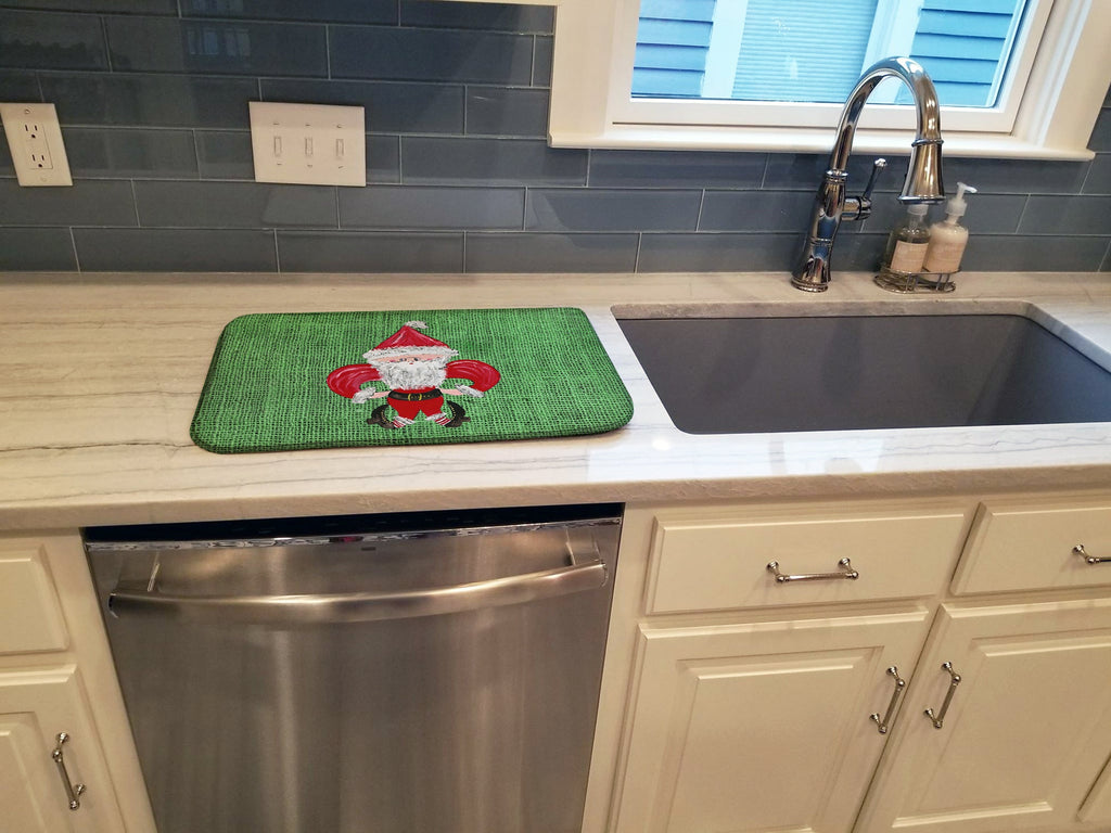 Christmas Santa Fleur de lis on Faux Burlap Dish Drying Mat Absorbent Dish Drying Mat Pad for Kitchen Counter Dish Drainer Mat for Countertop, 14 x 21", Multicolor