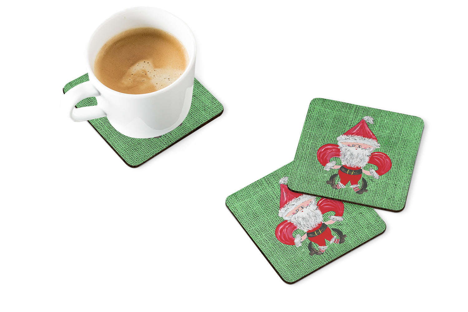 Christmas Santa Fleur de lis on Faux Burlap Foam Coasters Set of 4 Cup Coasters for Indoor Outdoor, Tabletop Protection, Anti Slip, Mouse pad Material