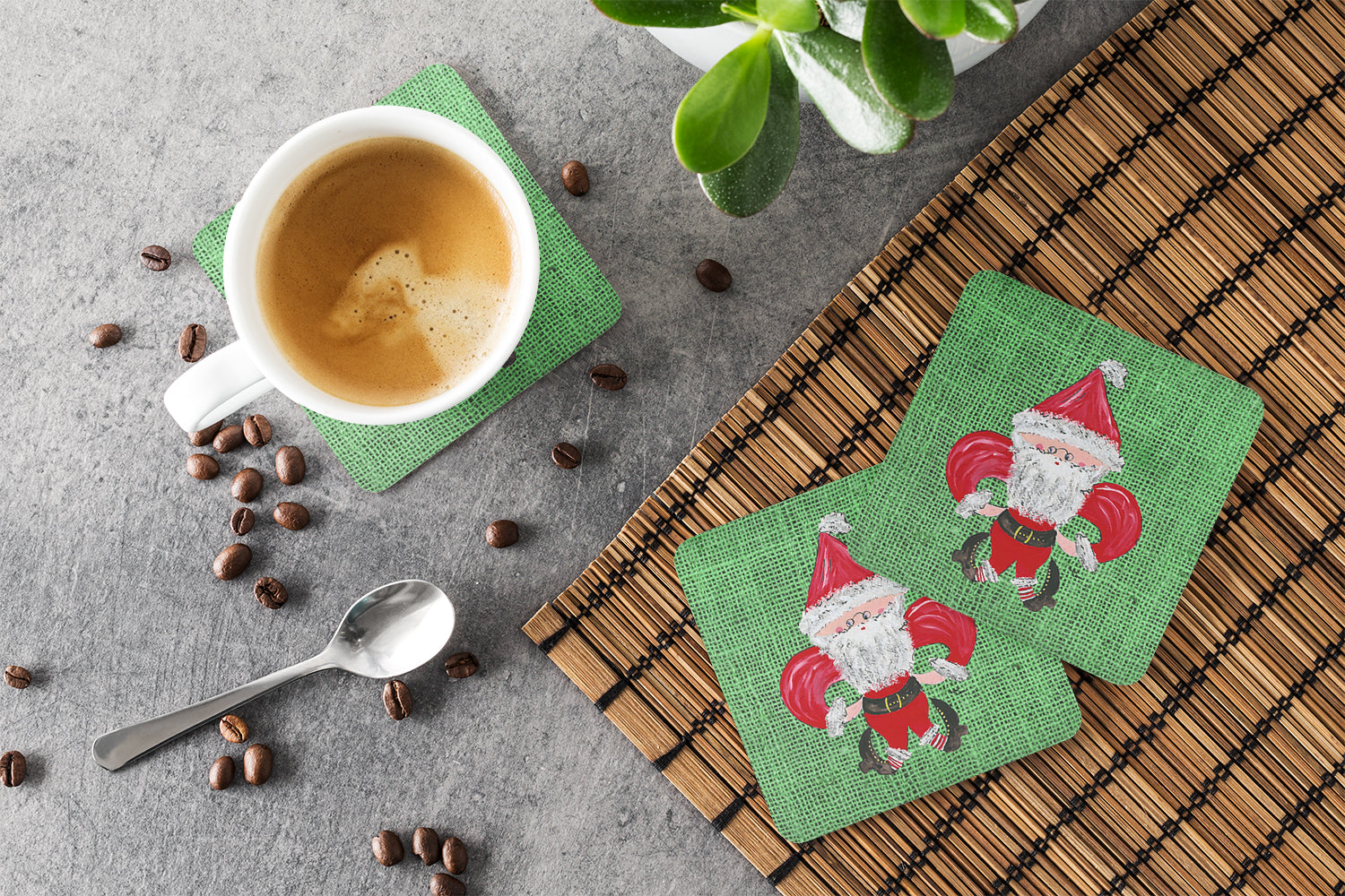 Christmas Santa Fleur de lis on Faux Burlap Foam Coasters Set of 4 Cup Coasters for Indoor Outdoor, Tabletop Protection, Anti Slip, Mouse pad Material