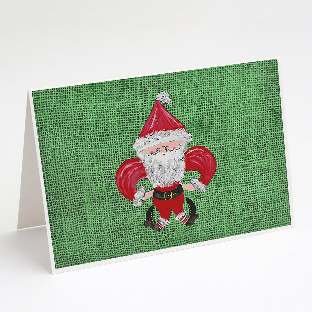 Christmas Santa Fleur de lis on Faux Burlap Greeting Cards Pack of 8 Blank Cards with Envelopes Whimsical A7 Size 5x7