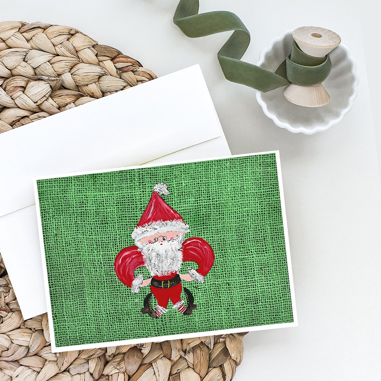 Christmas Santa Fleur de lis on Faux Burlap Greeting Cards Pack of 8 Blank Cards with Envelopes Whimsical A7 Size 5x7