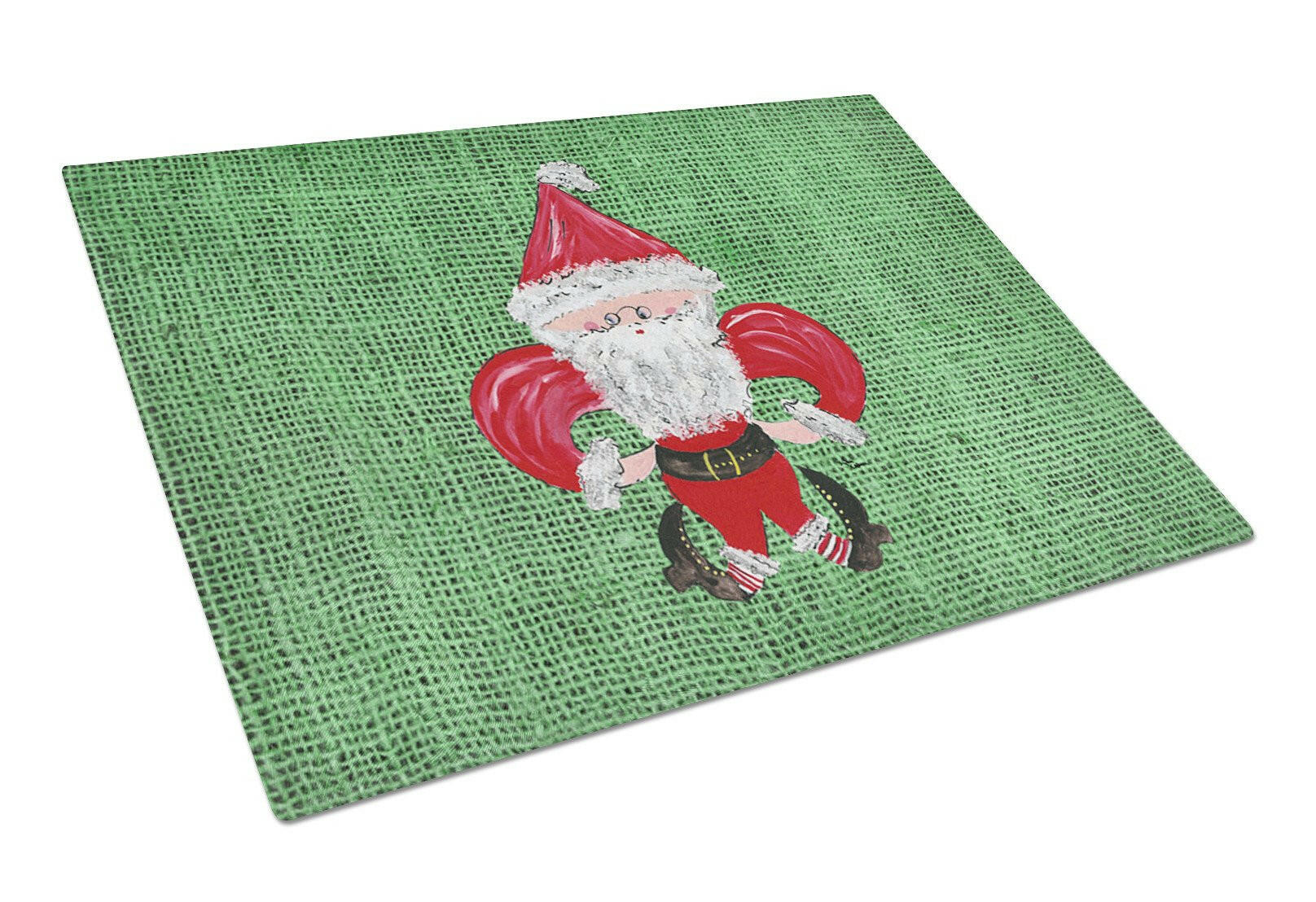 Christmas Santa Fleur de lis on Faux Burlap Cutting Board Tempered Glass Kitchen Cutting Surface, Heat Resistant Chopping, Non-Slip Feet, Food Prep & Serving