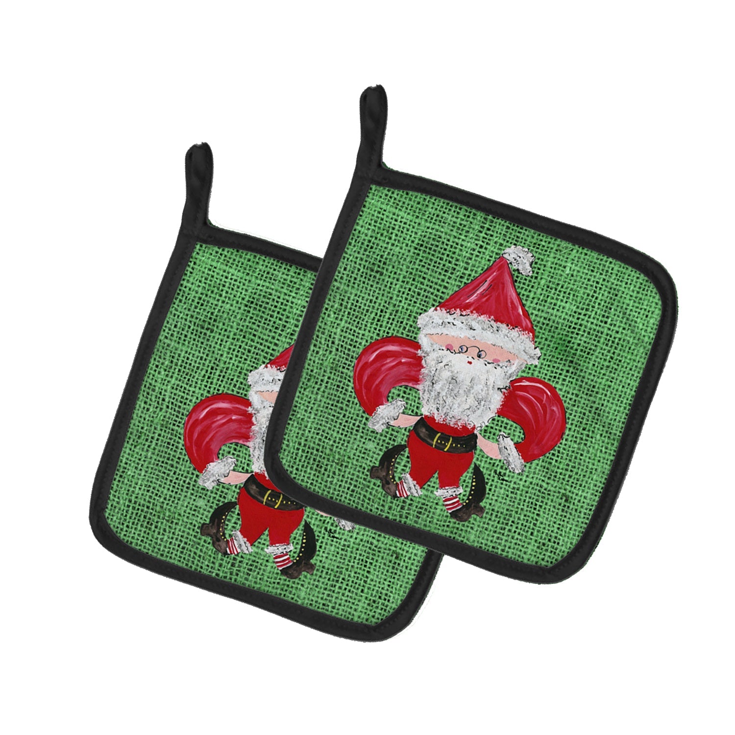 Christmas Santa Fleur de lis on Faux Burlap Pot Holder Set of 2 Heat Resistant Quilted Hot Pads 7.5 x 7.5 Inch, Insulated Kitchen Trivets for Cooking & Baking