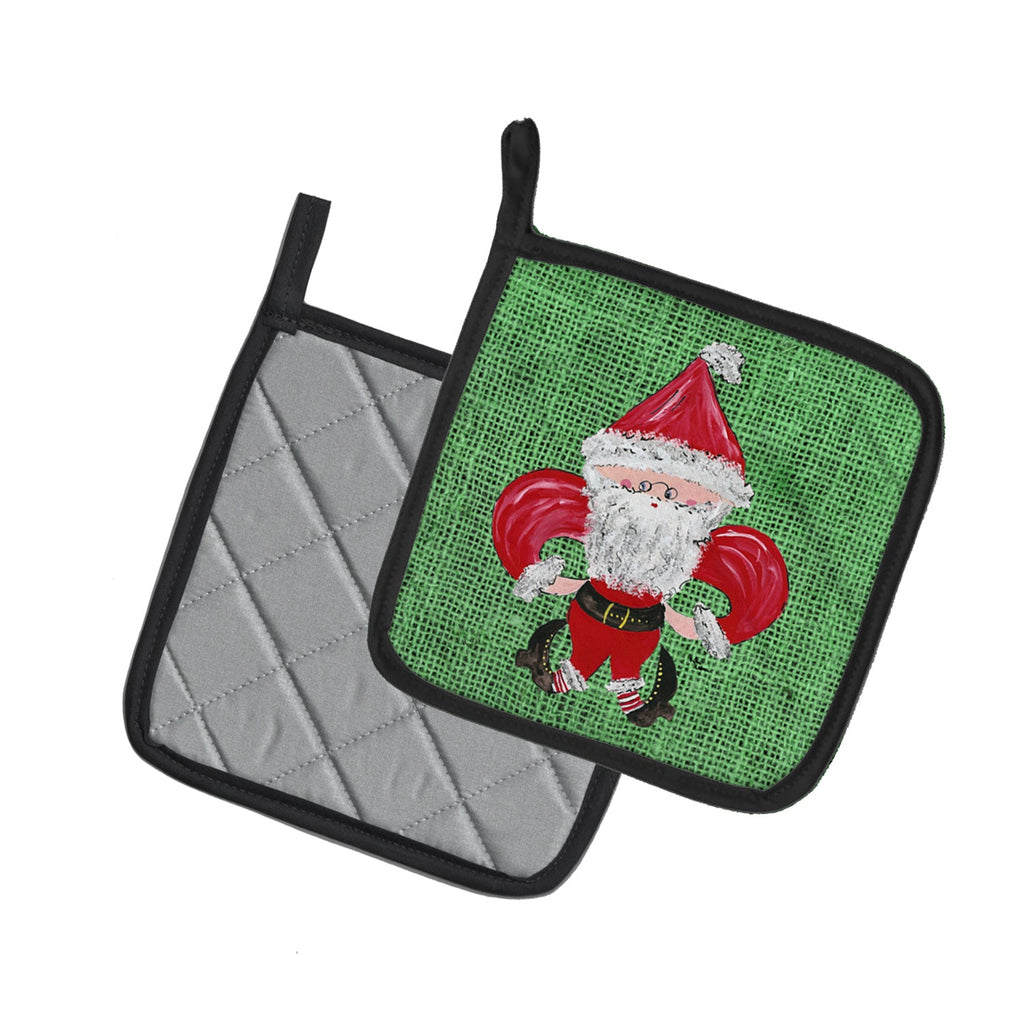Christmas Santa Fleur de lis on Faux Burlap Pot Holder Set of 2 Heat Resistant Quilted Hot Pads 7.5 x 7.5 Inch, Insulated Kitchen Trivets for Cooking & Baking
