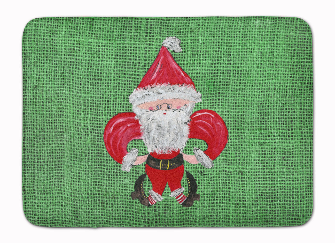 Christmas Santa Fleur de lis on Faux Burlap Memory Foam Kitchen Mat Machine Washable Anti-Fatigue Cushion Comfort Bath or Kitchen Rug
