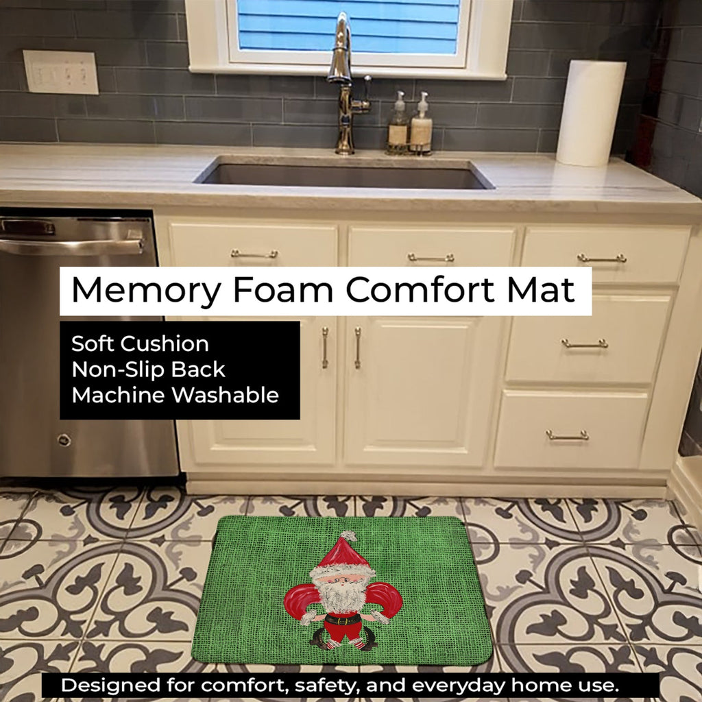 Christmas Santa Fleur de lis on Faux Burlap Memory Foam Kitchen Mat Machine Washable Anti-Fatigue Cushion Comfort Bath or Kitchen Rug