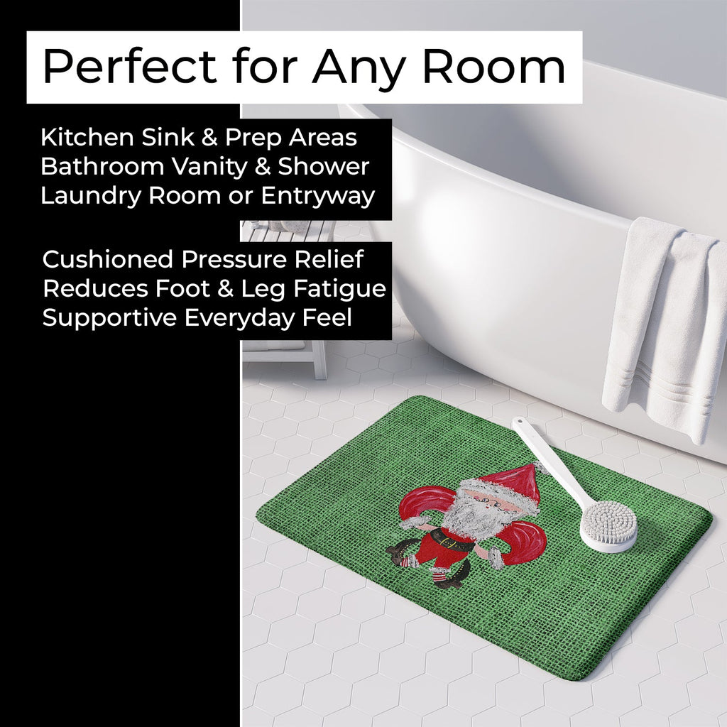 Christmas Santa Fleur de lis on Faux Burlap Memory Foam Kitchen Mat Machine Washable Anti-Fatigue Cushion Comfort Bath or Kitchen Rug