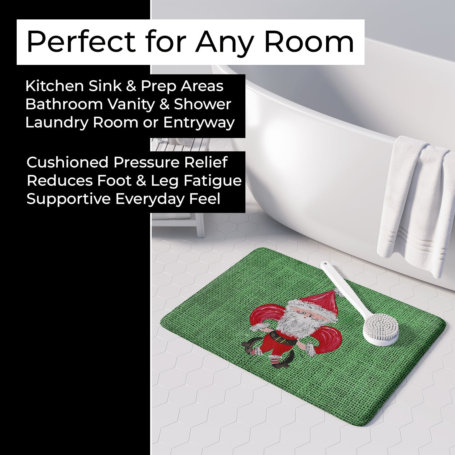 Christmas Santa Fleur de lis on Faux Burlap Memory Foam Kitchen Mat Machine Washable Anti-Fatigue Cushion Comfort Bath or Kitchen Rug