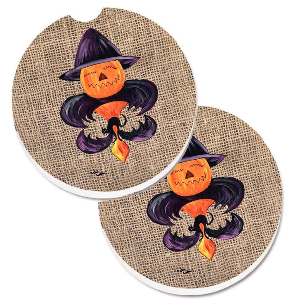 Halloween Pumpkin and Bat Fleur de lis on Faux Burlap Set of 2 Cup Holder Car Coasters Absorbent Round Sandstone Coasters Gifts for Men or Women, 2.5, Multicolor