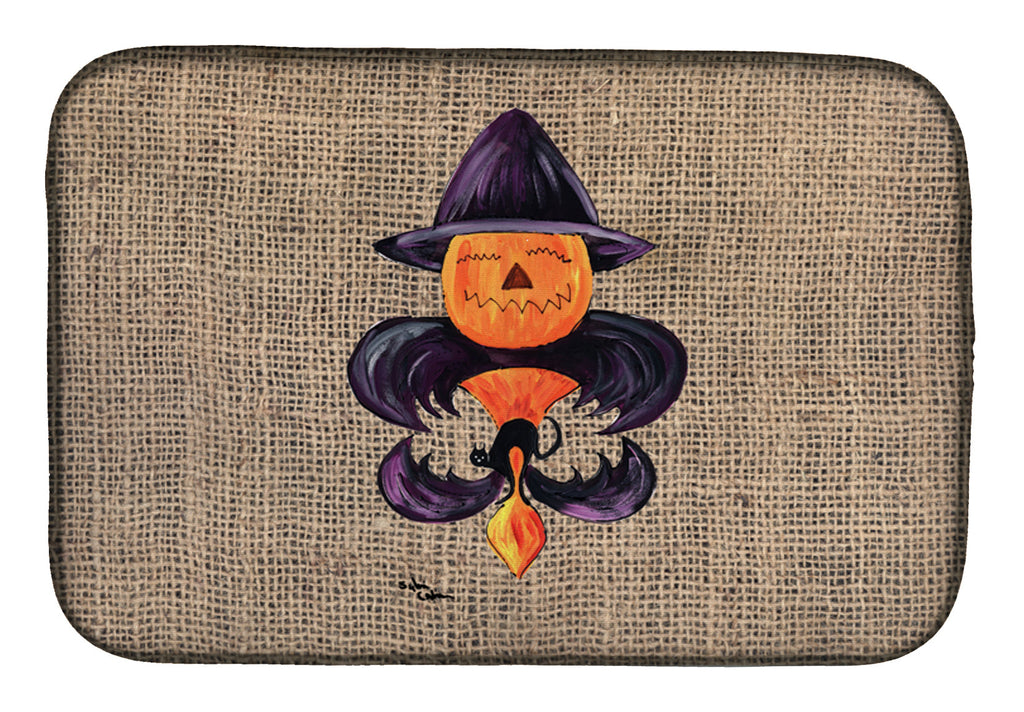 Halloween Pumpkin and Bat Fleur de lis on Faux Burlap Dish Drying Mat Absorbent Dish Drying Mat Pad for Kitchen Counter Dish Drainer Mat for Countertop, 14 x 21", Multicolor